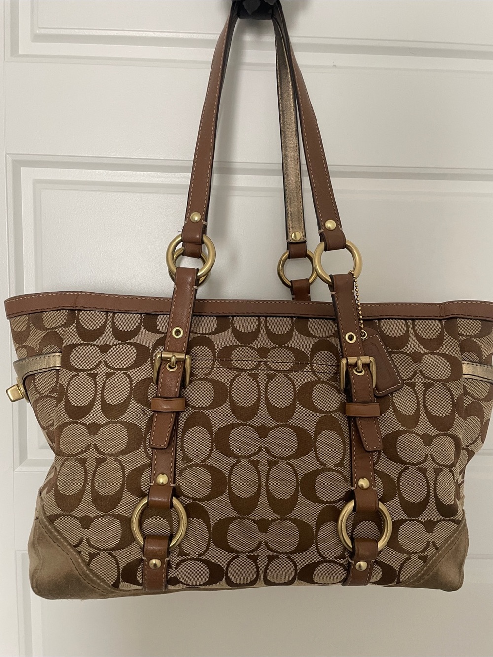 Coach Vintage Y2K Turnlock Double Handle Canvas Logo & Suede Leather Handbag